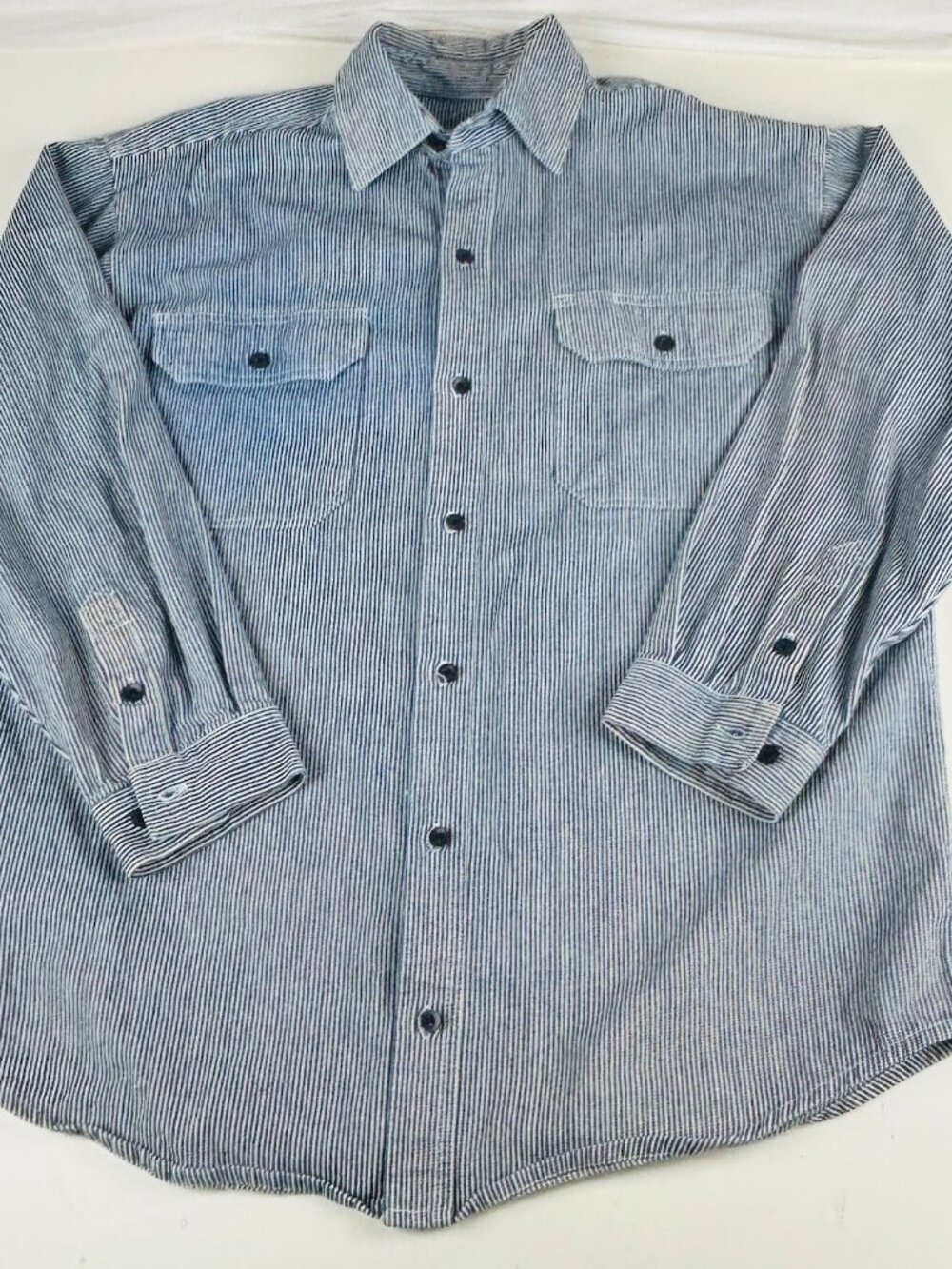 Key Work Shirt Mens M Blue White Hickory Stripe Long Sleeve Cotton